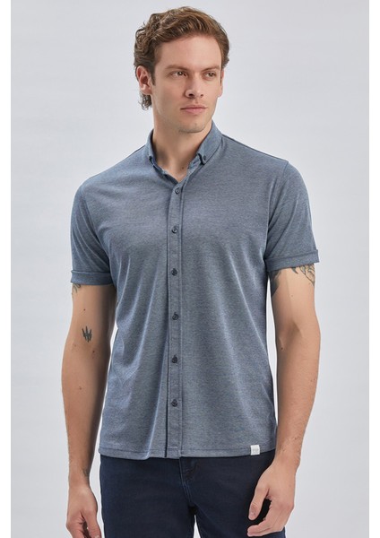 Koyu Lacivert Desenli Oxford Polo Yaka Cepli Pamuklu Casual Slim Fit Dar Kesim Tişört 1011240178