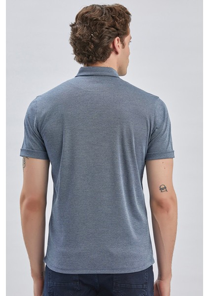 Koyu Lacivert Desenli Oxford Polo Yaka Cepli Pamuklu Casual Slim Fit Dar Kesim Tişört 1011240178