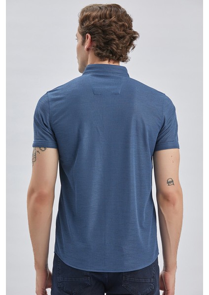 Lacivert Desenli Jakarlı Düğmeli Yaka Casual Slim Fit Dar Kesim Tişört 1011240151