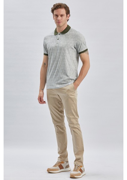 Koyu Haki Baskılı Pike Polo Yaka Pamuklu Likralı Casual Slim Fit Dar Kesim Tişört 1011240158