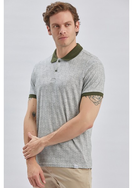 Koyu Haki Baskılı Pike Polo Yaka Pamuklu Likralı Casual Slim Fit Dar Kesim Tişört 1011240158