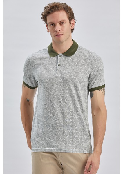 Koyu Haki Baskılı Pike Polo Yaka Pamuklu Likralı Casual Slim Fit Dar Kesim Tişört 1011240158