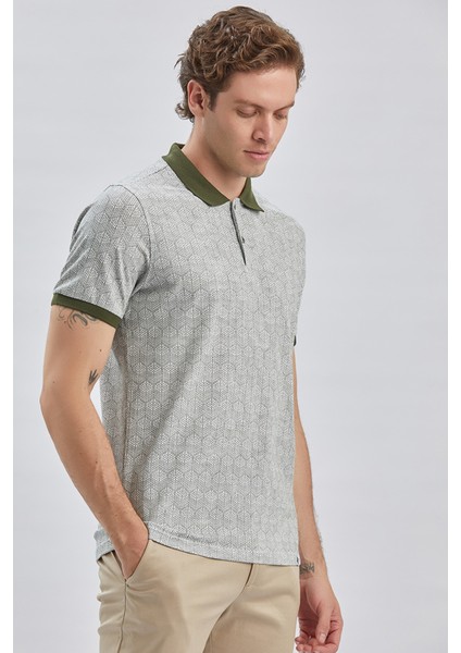 Koyu Haki Baskılı Pike Polo Yaka Pamuklu Likralı Casual Slim Fit Dar Kesim Tişört 1011240158