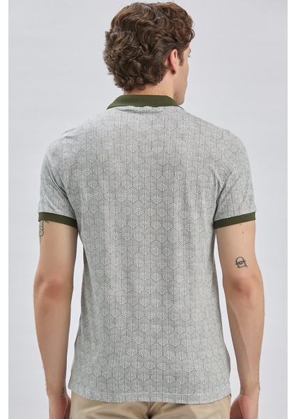 Koyu Haki Baskılı Pike Polo Yaka Pamuklu Likralı Casual Slim Fit Dar Kesim Tişört 1011240158