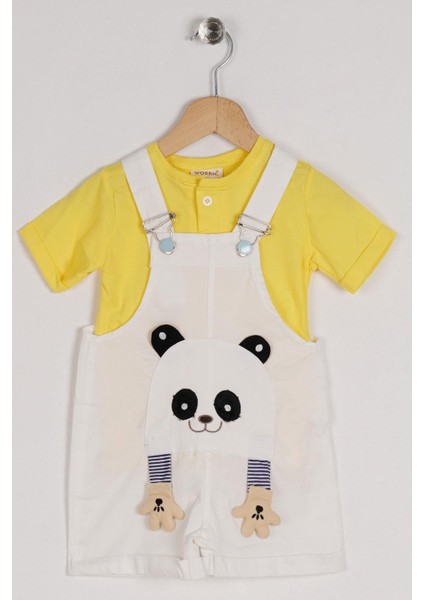 Bisiklet Yaka Kısa Kol Panda Fıgurlu Icı Tshirtlu Beyaz Renk Erkek Çocuk Sortlu Salopet