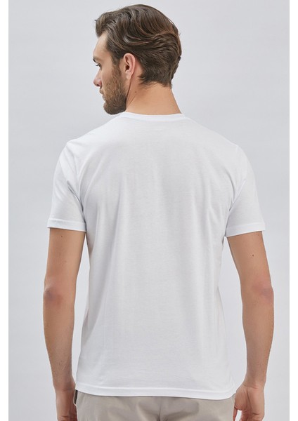 Beyaz Kısa Kol Düz Bez Ayağı Bisiklet Yaka Casual Slim Fit Tişört 1011240185