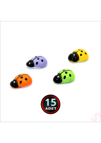 Uğur Böceği Ahşap Sticker, 1,5cm x 1,2cm x 15 Adet - Çok Renkli