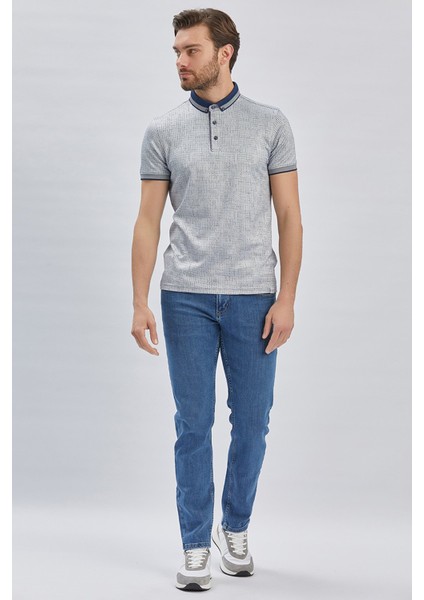Koyu Lacivert Desenli Merserize Düğmeli Yaka Pamuklu Casual Slim Fit Dar Kesim Tişört 1011240161