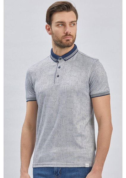 Koyu Lacivert Desenli Merserize Düğmeli Yaka Pamuklu Casual Slim Fit Dar Kesim Tişört 1011240161