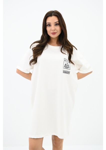 Kadın Baskılı Oversize T-Shirt Elbise 5218-24