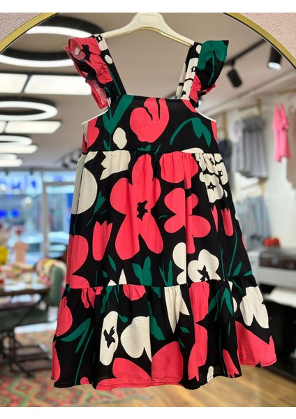 Pamuk Dokuma Askılı Kız Çocuk Çiçek Desenli elbise - Kırmızı