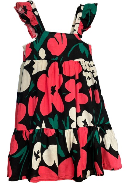 Pamuk Dokuma Askılı Kız Çocuk Çiçek Desenli elbise - Kırmızı fırsatları