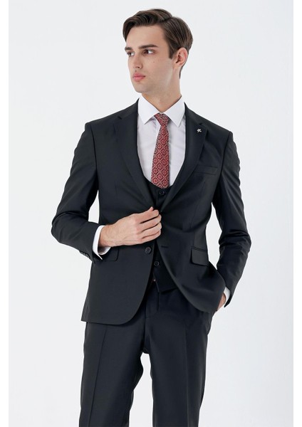 Siyah Mono Yaka Astarlı Çift Yırtmaç Yelekli 6 Drop Slim Fit Dar Kesim Basic Takım 1001230186