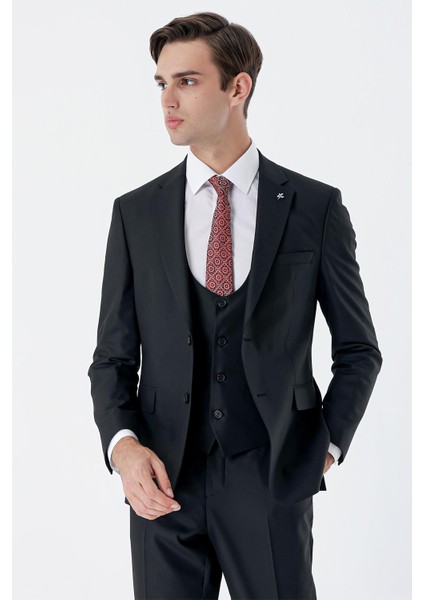 Siyah Mono Yaka Astarlı Çift Yırtmaç Yelekli 6 Drop Slim Fit Dar Kesim Basic Takım 1001230186