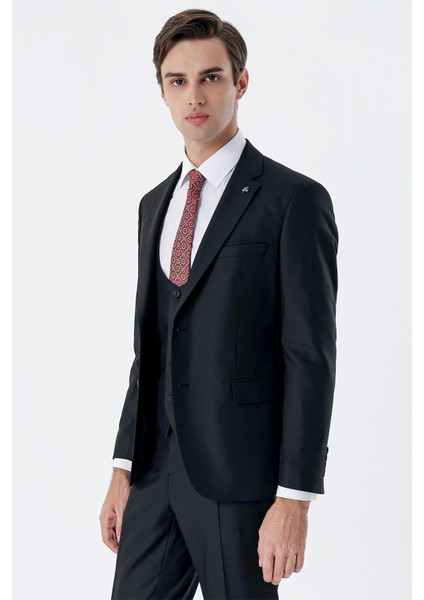 Siyah Mono Yaka Astarlı Çift Yırtmaç Yelekli 6 Drop Slim Fit Dar Kesim Basic Takım 1001230186