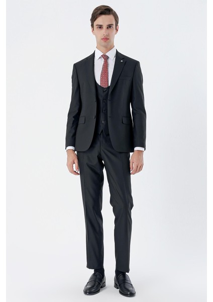 Siyah Mono Yaka Astarlı Çift Yırtmaç Yelekli 6 Drop Slim Fit Dar Kesim Basic Takım 1001230186