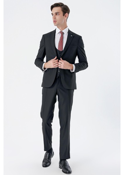 Siyah Mono Yaka Astarlı Çift Yırtmaç Yelekli 6 Drop Slim Fit Dar Kesim Basic Takım 1001230186