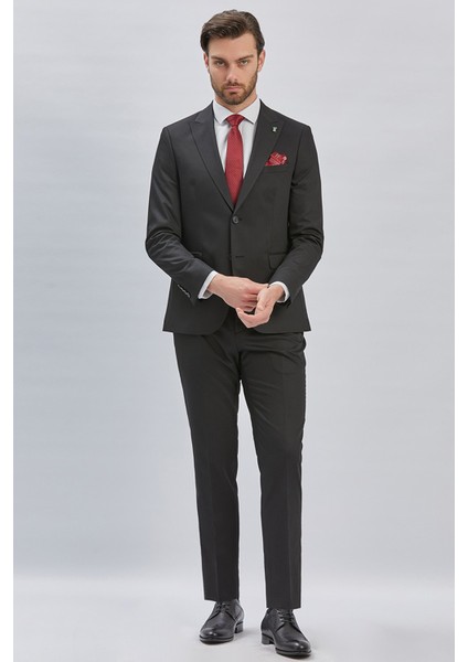 Siyah Düz Desen Kılıç Yaka 6 Drop Slim Fit Yelekli Takım Elbise 1001240173