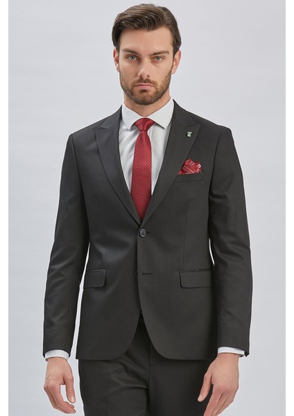 Siyah Düz Desen Kılıç Yaka 6 Drop Slim Fit Yelekli Takım Elbise 1001240173