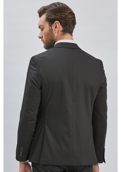 Siyah Düz Desen Kılıç Yaka 6 Drop Slim Fit Yelekli Takım Elbise 1001240173
