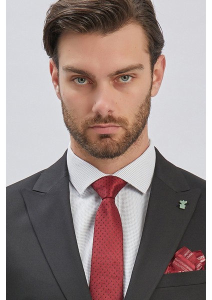 Siyah Düz Desen Kılıç Yaka 6 Drop Slim Fit Yelekli Takım Elbise 1001240173