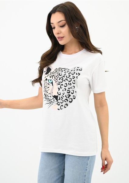 Kadın Leopar Baskılı T-Shirt 1731-24