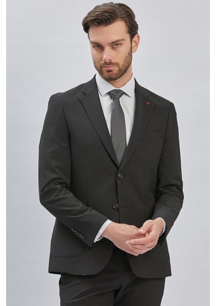 Siyah Çizgili Mono Yaka Astarlı Likralı 6 Drop Slim Fit Dar Kesim Casual Takım Elbise 1001240171