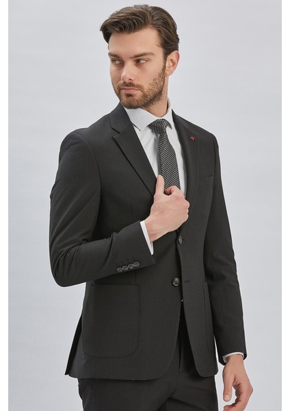 Siyah Çizgili Mono Yaka Astarlı Likralı 6 Drop Slim Fit Dar Kesim Casual Takım Elbise 1001240171