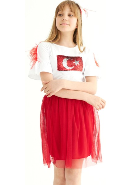 Bisiklet Yaka Kısa Kol Türk Bayrağı Pullu Beyaz Kırmızı Renk Kız Çocuk Etekli Takım