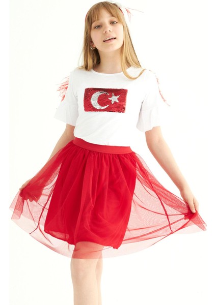 Bisiklet Yaka Kısa Kol Türk Bayrağı Pullu Beyaz Kırmızı Renk Kız Çocuk Etekli Takım fiyatları