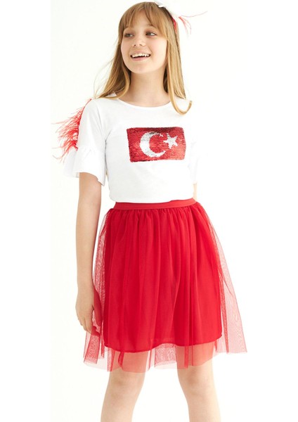 Bisiklet Yaka Kısa Kol Türk Bayrağı Pullu Beyaz Kırmızı Renk Kız Çocuk Etekli Takım fırsatları