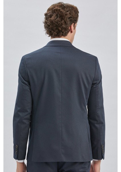 Koyu Lacivert Düz Desen Kılıç Yaka 6 Drop Slim Fit Yelekli Takım Elbise 1001240173