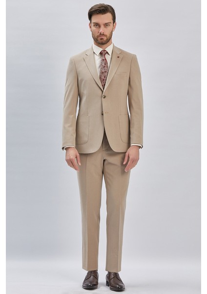 Koyu Bej Çizgili Mono Yaka Astarlı Likralı 6 Drop Slim Fit Dar Kesim Casual Takım Elbise 1001240171