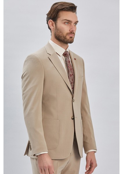 Koyu Bej Çizgili Mono Yaka Astarlı Likralı 6 Drop Slim Fit Dar Kesim Casual Takım Elbise 1001240171