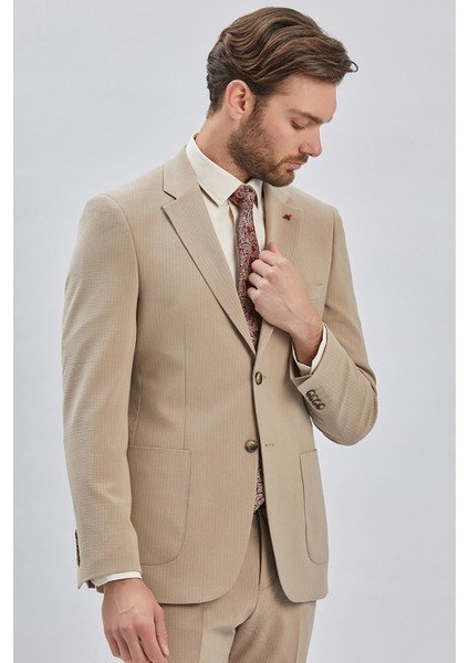 Koyu Bej Çizgili Mono Yaka Astarlı Likralı 6 Drop Slim Fit Dar Kesim Casual Takım Elbise 1001240171