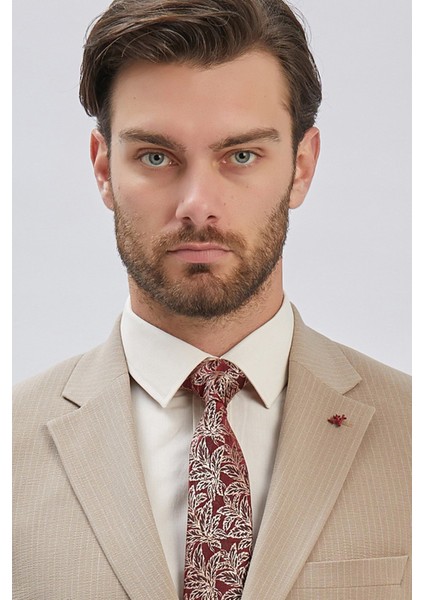 Koyu Bej Çizgili Mono Yaka Astarlı Likralı 6 Drop Slim Fit Dar Kesim Casual Takım Elbise 1001240171