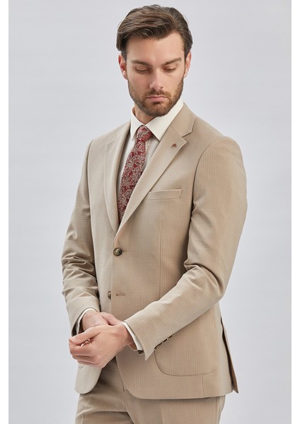 Koyu Bej Çizgili Mono Yaka Astarlı Likralı 6 Drop Slim Fit Dar Kesim Casual Takım Elbise 1001240171
