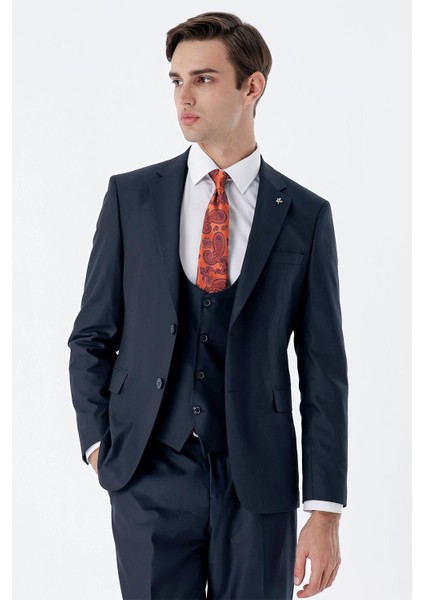 Lacivert Mono Yaka Astarlı Çift Yırtmaç Yelekli 6 Drop Slim Fit Dar Kesim Basic Takım 1001230186