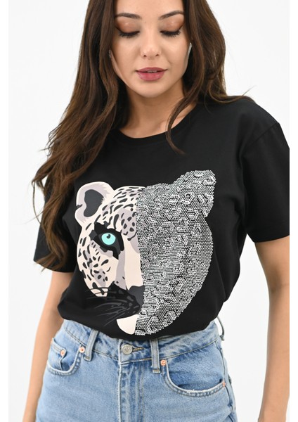 Kadın Leopar Baskılı T-Shirt 1731-24 fırsatları