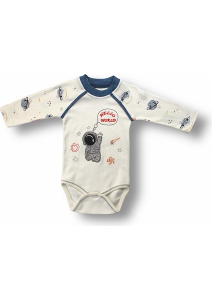 3-6 6-9 9-12 Ay Şirin Kozmonot Nakışlı Şapkalı Uzun Kollu Zıbınlı 3lü Kız-Erkek Bebek Takımı