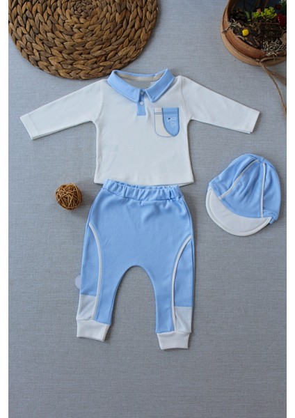 3-6 6-9 9-12 Ay Efendi Nakışlı Cep Şapkalı Uzun Kollu Sweat 3lü Erkek Bebek Takımı