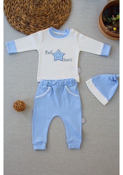 3-6 6-9 9-12 Ay Full Star Nakışlı Şapkalı Uzun Kollu Sweat 3lü Erkek Bebek Takımı
