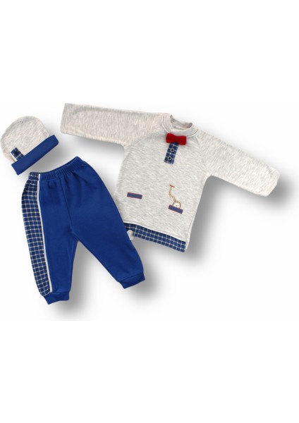 3-6 6-9 9-12 Ay Cep Saat Nakışlı Şapkalı Uzun Kollu Sweatli 3lü Erkek Bebek Takımı
