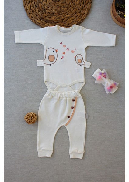 3-6 6-9 9-12 Ay Şarkıcı Kuşlar Nakışlı Bandanalı Uzun Kollu Zıbınlı 3lü Kız Bebek Takımı