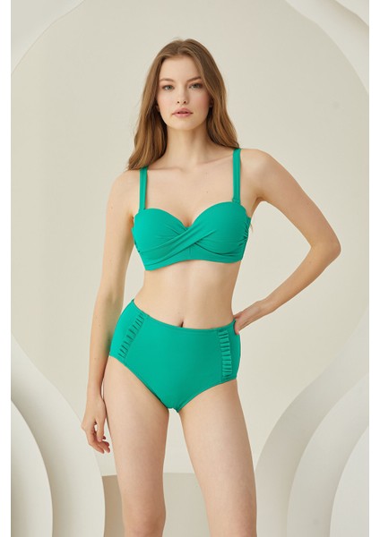 Yeşil Fırfırlı Yüksek Bel Tek Alt Bikini