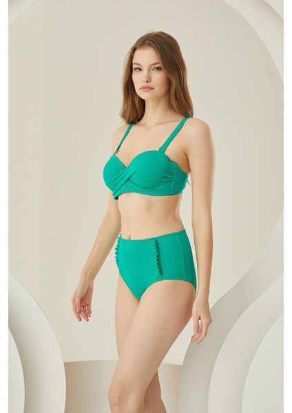 Yeşil Fırfırlı Yüksek Bel Tek Alt Bikini