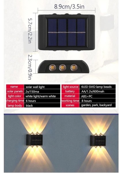 Tekli Modern 6 Ledli Siyah Solar Çift Taraflı Aplik Güneş Enerjili Bahçe Duvar Aydınlatma Lambası Gün Işığı Adet)