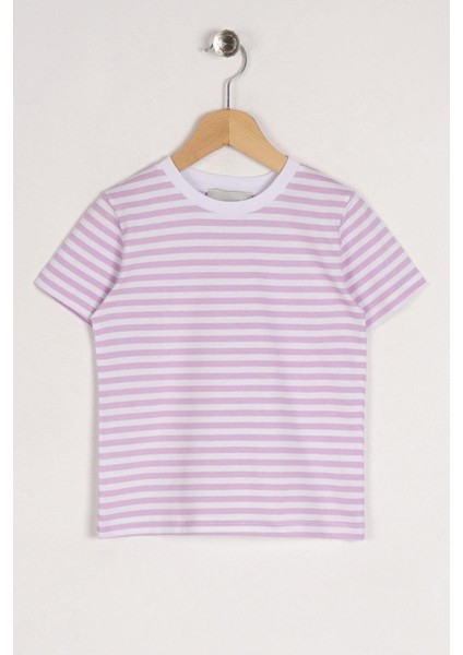Bisiklet Yaka Kısa Kol Çizgili Lila Renk Tshirt