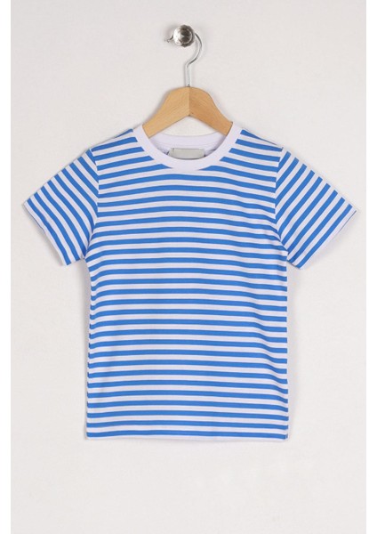 Bisiklet Yaka Kısa Kol Çizgili Indigo Renk Tshirt