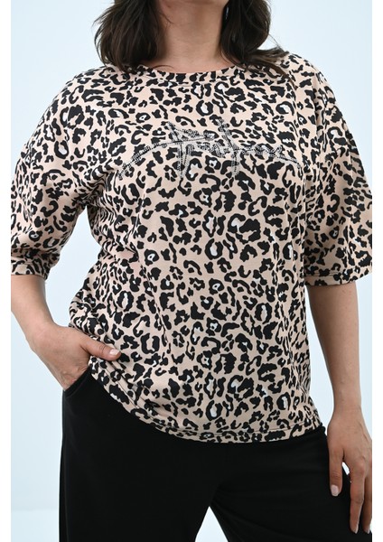 Kadın Büyük Beden Leopar Desenli T-Shirt Takım 8113-24